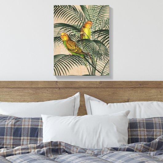 Palm Tree Boedgerigar Parrot Rustic Hessian Canvas (Insitu (Slaapkamer))