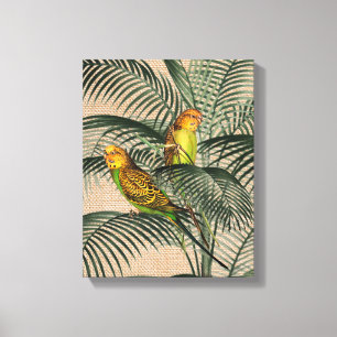 Palm Tree Boedgerigar Parrot Rustic Hessian Canvas