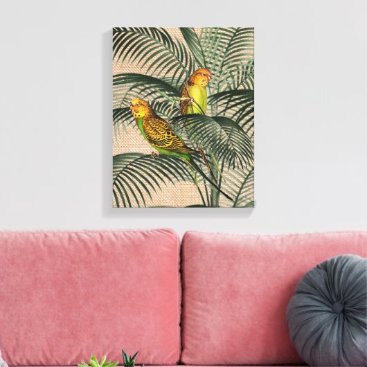 Palm Tree Boedgerigar Parrot Rustic Hessian Canvas Afdruk (Insitu (Woonkamer))