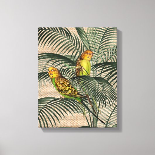 Palm Tree Boedgerigar Parrot Rustic Hessian Canvas Afdruk (Voorkant)