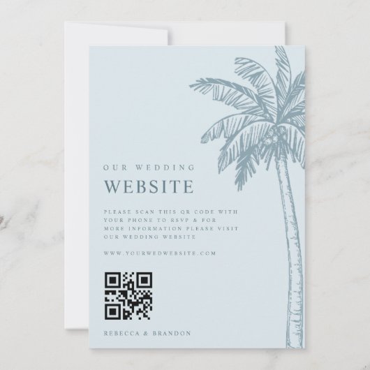 Palm Tree Boho Beach Stoffig Blauw QR Code Bruilof Kaart (Achterkant)