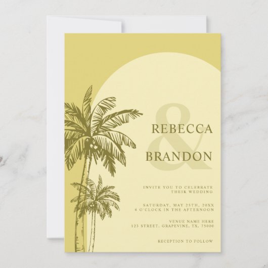 Palm Tree Boho Beach Yellow QR Code Wedding Kaart (Voorkant)