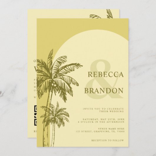 Palm Tree Boho Beach Yellow QR Code Wedding Kaart (Voorkant / Achterkant)