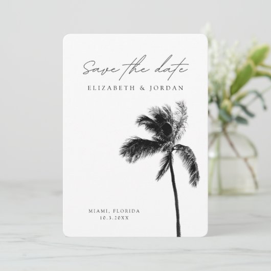 Palm Tree Bruiloft Thema Minimalist Save the Date Kaart (Staand voorkant)