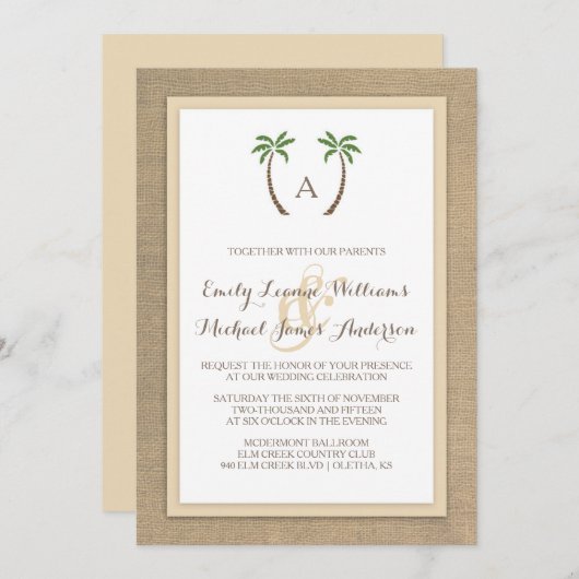 Palm Tree Burlap Beach Tropische bruiloft uitnodig Kaart (Voorkant / Achterkant)