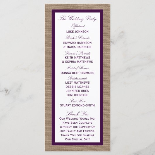 Palm Tree Burlap Beach Wedding | Kies uw kleur Programmakaart (Achterkant)