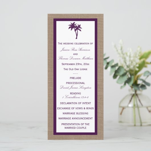 Palm Tree Burlap Beach Wedding | Kies uw kleur Programmakaart (Staand voorkant)