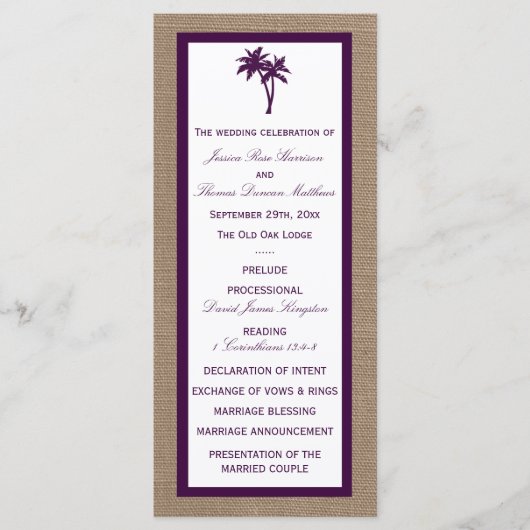 Palm Tree Burlap Beach Wedding | Kies uw kleur Programmakaart (Voorkant)
