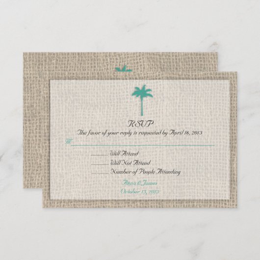 Palm Tree & Burlap Beach Wedding RSVP Turquoise (Voorkant / Achterkant)