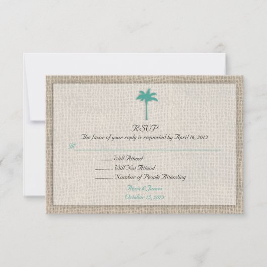 Palm Tree & Burlap Beach Wedding RSVP Turquoise Kaartje (Voorkant)