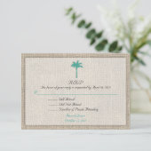 Palm Tree & Burlap Beach Wedding RSVP Turquoise Kaartje (Staand voorkant)