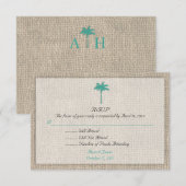 Palm Tree & Burlap Beach Wedding RSVP Turquoise Kaartje (Voorkant / Achterkant)