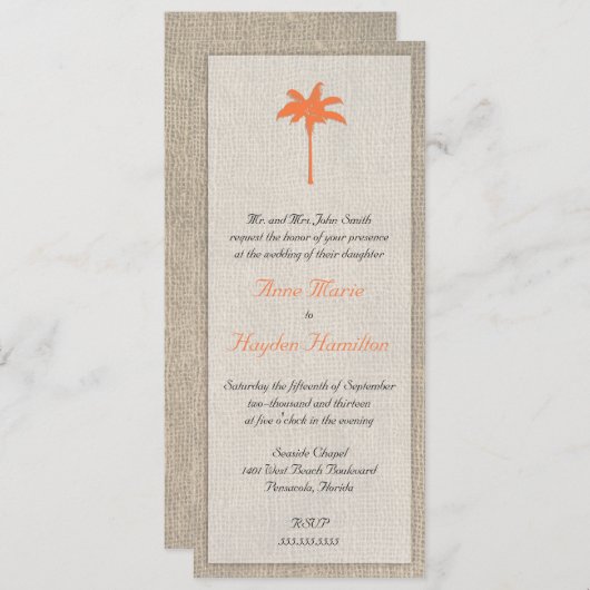 Palm Tree & Burlap Wedding Invitation - Sinaasappe Kaart (Voorkant / Achterkant)