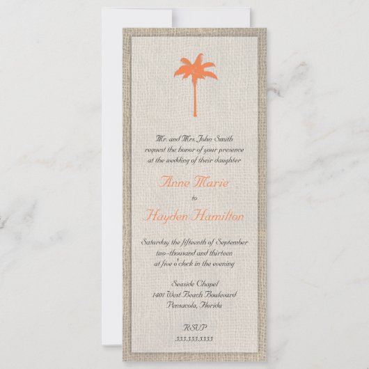 Palm Tree & Burlap Wedding Invitation - Sinaasappe Kaart (Voorkant)