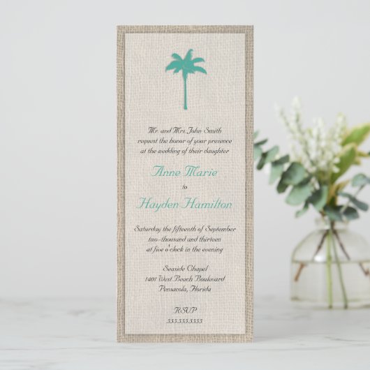 Palm Tree & Burlap Wedding Invitation - Turquoise Kaart (Staand voorkant)