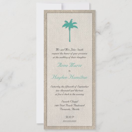 Palm Tree & Burlap Wedding Invitation - Turquoise Kaart (Voorkant)