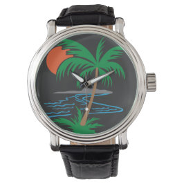 Palm Tree by the River | Tropical Sunset Art Horloge