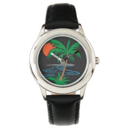 Palm Tree by the River | Tropical Sunset Art Horloge