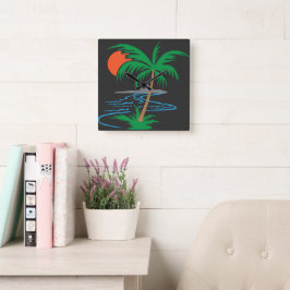 Palm Tree by the River | Tropical Sunset Art Vierkante Klok