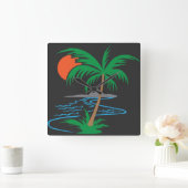 Palm Tree by the River | Tropical Sunset Art Vierkante Klok (Huis)