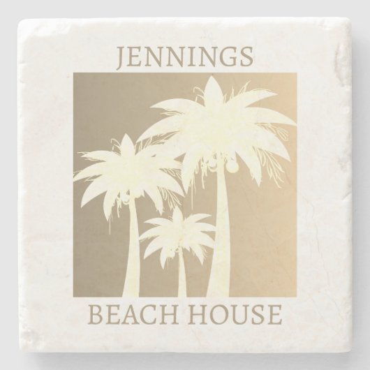 Palm Tree Coastal Beige Sand Beach House Naam Stenen Onderzetter (Voorkant)