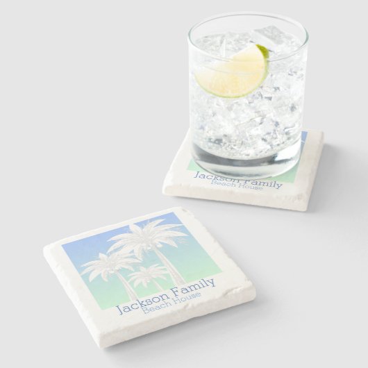 Palm Tree Coastal Blue Green Sky Ombre Naam Stenen Onderzetter (Zijkant)