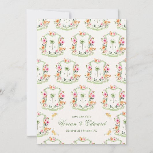 Palm Tree Crest Monogram Zomer Boho Beach Huwelijk Save The Date (Voorkant)