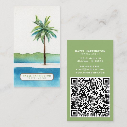 Palm Tree Custom QR Code Scannable Travel Agent Visitekaartje (Voorkant / Achterkant)