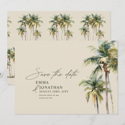 Palm Tree Destination Elegant Coastal Wedding Save The Date (Voorkant / Achterkant)