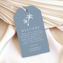 Palm Tree Dusty Blue Tropical Wedding Welkom Cadeaulabel