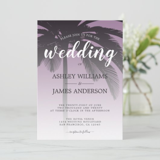 Palm Tree Dusty Lavender Beach Wedding Kaart (Staand voorkant)