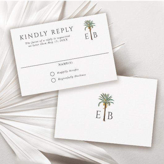 Palm Tree Elegant Tropical Monogram Wedding RSVP Kaartje