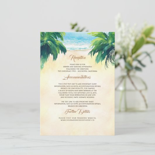 Palm Tree en Seaside bruiloft details Informatiekaartje (Staand voorkant)