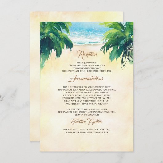 Palm Tree en Seaside bruiloft details Informatiekaartje (Voorkant / Achterkant)