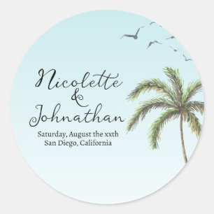 Palm Tree en Vogels Eenvoudige Strand Bruiloft Ronde Sticker