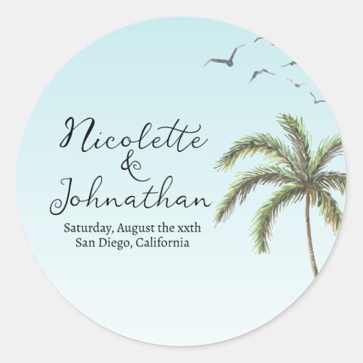 Palm Tree en Vogels Eenvoudige Strand Bruiloft Ronde Sticker (Voorkant)