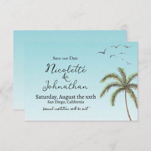 Palm Tree en Vogels Eenvoudige Strand Bruiloft Save The Date (Voorkant / Achterkant)