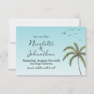 Palm Tree en Vogels Eenvoudige Strand Bruiloft Save The Date