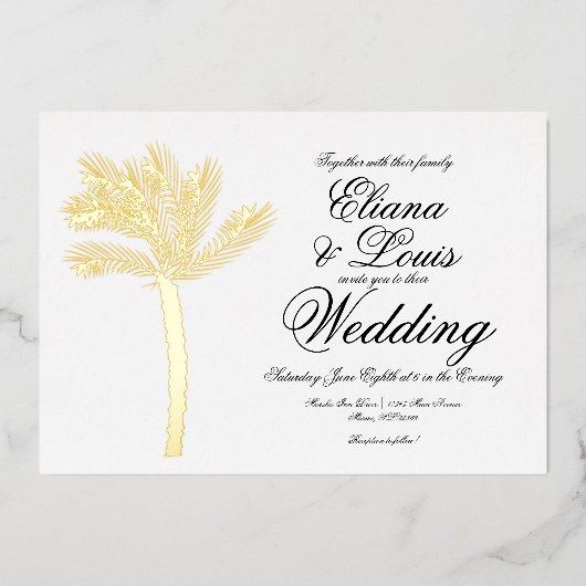 Palm Tree Gold Black Summer Weddenschap geperst Folie Uitnodiging (Voorkant)