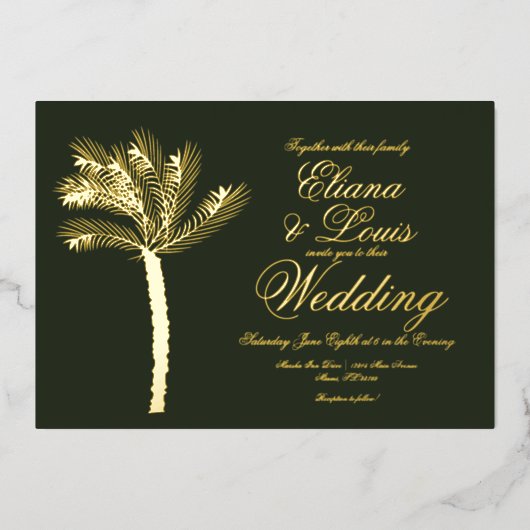 Palm Tree Gold Green Summer Weddenschap geperst Folie Uitnodiging (Voorkant)