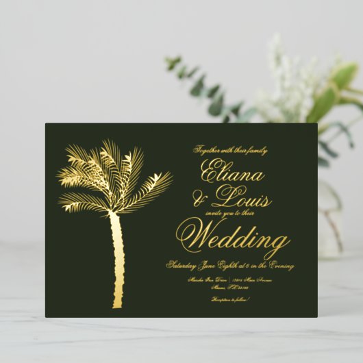 Palm Tree Gold Green Summer Weddenschap geperst Folie Uitnodiging (Staand Voorkant)
