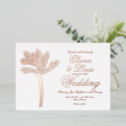 Palm Tree Gold Summer Weddenschap geperst Folie Uitnodiging (Staand Voorkant)