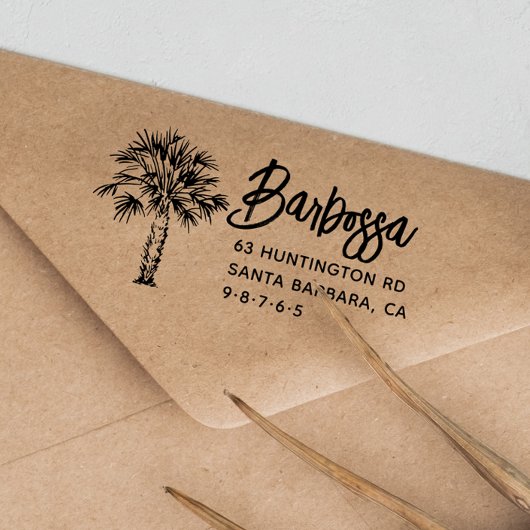 Palm Tree Handschrift Familienaam Retouradres Rubberstempel