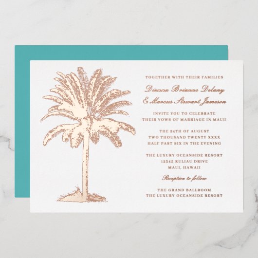Palm Tree Island Destination Wedding Roos Gold Folie Uitnodiging (Voorkant / Achterkant)