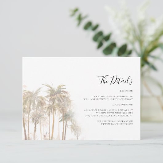 Palm Tree Kustbruiloft Details Informatiekaartje (Staand voorkant)