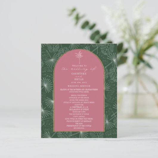 Palm Tree Leaf Pink & Green Wedding Program (Staand voorkant)