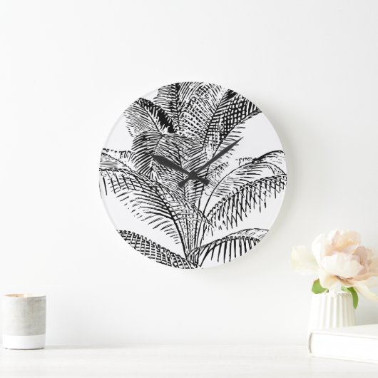 Palm Tree Leaves Black & White Abstract Pattern Grote Klok (Huis)