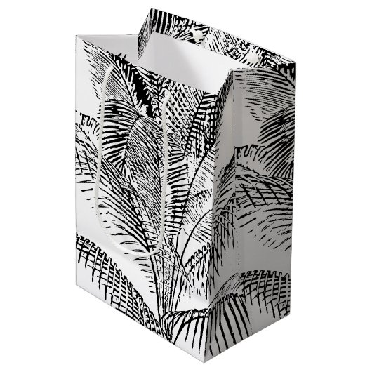 Palm Tree Leaves Black & White Abstract Pattern Medium Cadeauzakje (Voorkant Gekanteld)