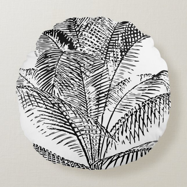 Palm Tree Leaves Black & White Abstract Pattern Rond Kussen (Voorkant)