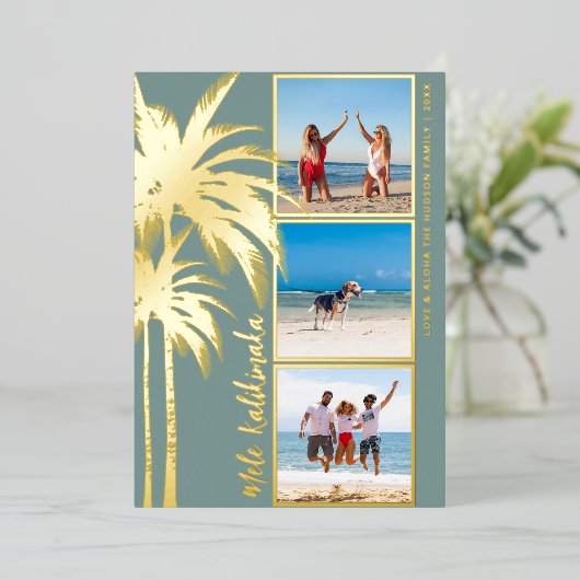 Palm Tree Mele Kalikimaka kerstfoto Gold Folie Feestdagenkaart (Staand Voorkant)